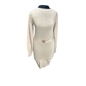 Womens Long Sleeve Belted Knit Dress With Embellished Cuff Details - Beige One S
